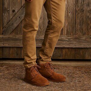 UGG Harkley Brown Boots Men's 8 Womens 10 Ankle Lace Up Suede Shearling Lined